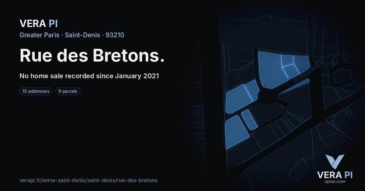Rue des Bretons, Saint-Denis at night – every parcel coloured by the prices around it, the street's own parcels lit
