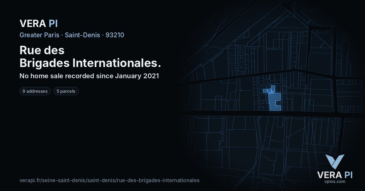 Rue des Brigades Internationales, Saint-Denis at night – every parcel coloured by the prices around it, the street's own parcels lit