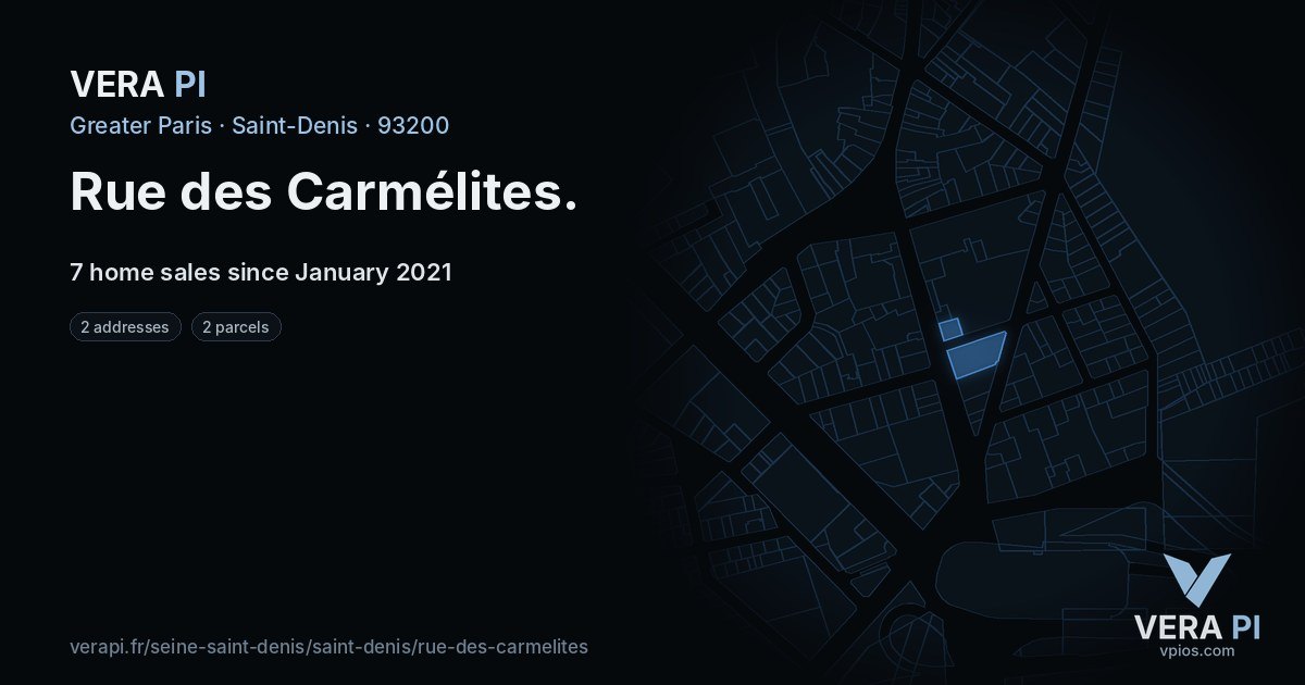 Rue des Carmélites, Saint-Denis at night – every parcel coloured by the prices around it, the street's own parcels lit