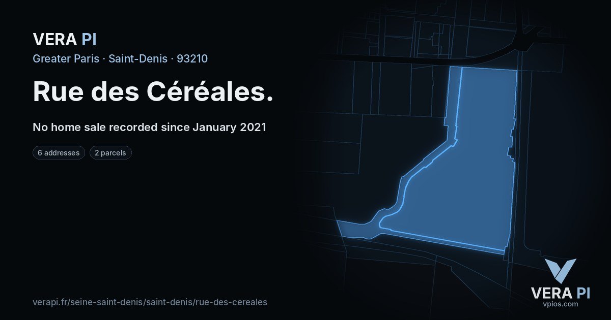 Rue des Céréales, Saint-Denis at night – every parcel coloured by the prices around it, the street's own parcels lit
