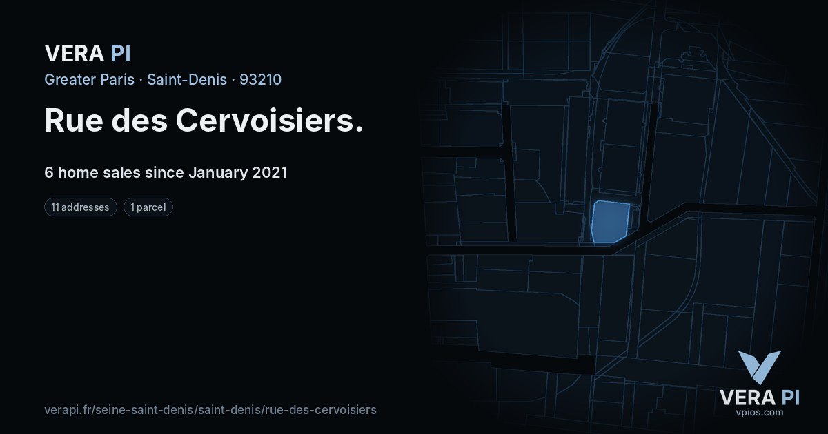 Rue des Cervoisiers, Saint-Denis at night – every parcel coloured by the prices around it, the street's own parcels lit