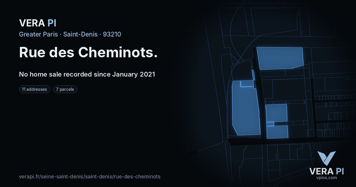 Rue des Cheminots, Saint-Denis at night – every parcel coloured by the prices around it, the street's own parcels lit