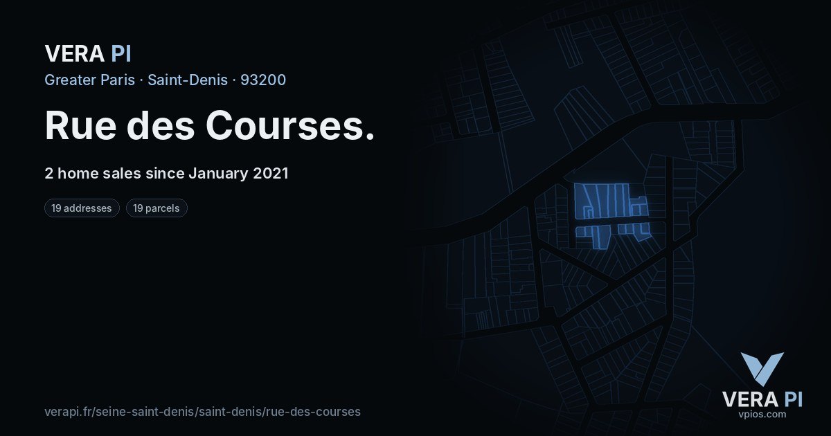Rue des Courses, Saint-Denis at night – every parcel coloured by the prices around it, the street's own parcels lit