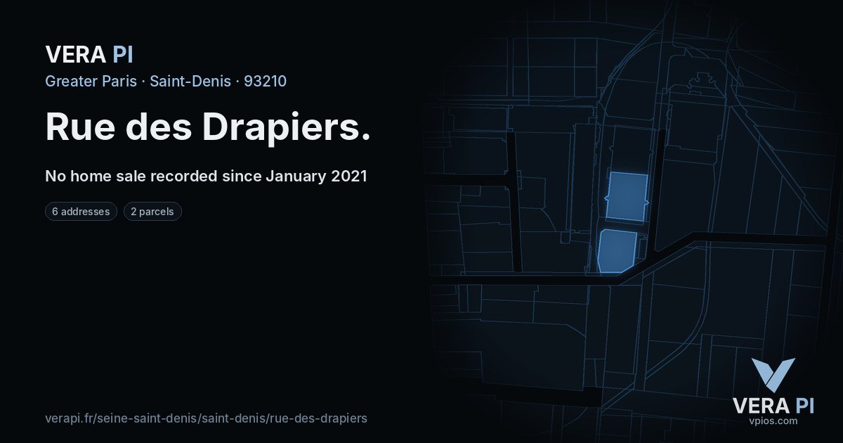 Rue des Drapiers, Saint-Denis at night – every parcel coloured by the prices around it, the street's own parcels lit