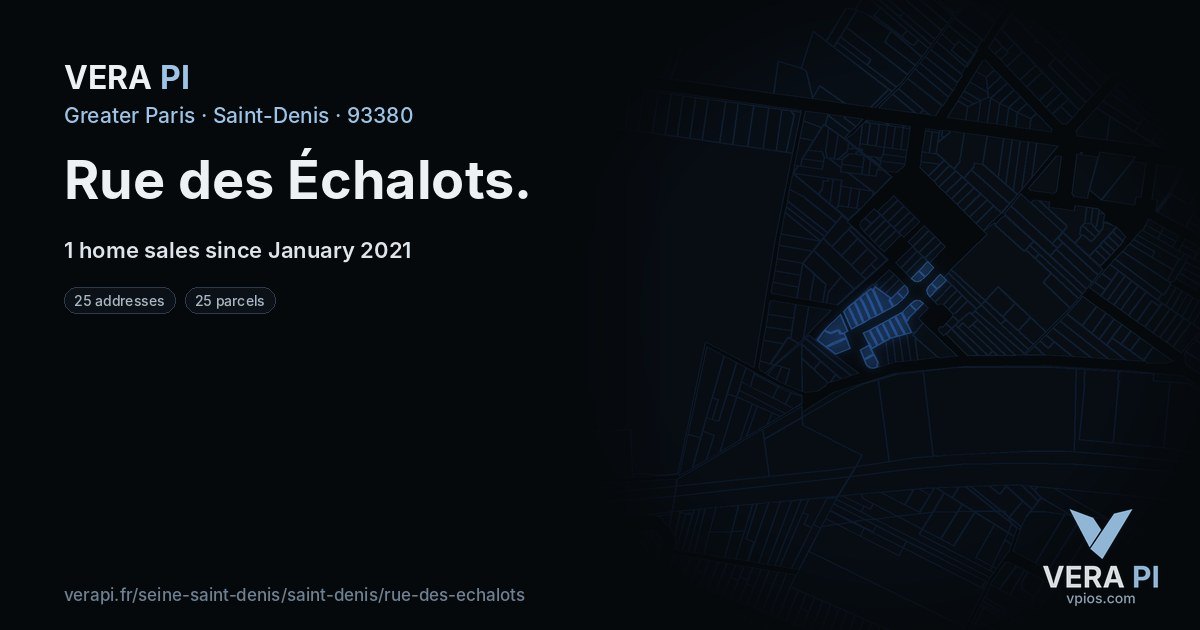 Rue des Échalots, Saint-Denis at night – every parcel coloured by the prices around it, the street's own parcels lit