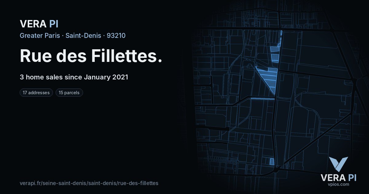 Rue des Fillettes, Saint-Denis at night – every parcel coloured by the prices around it, the street's own parcels lit