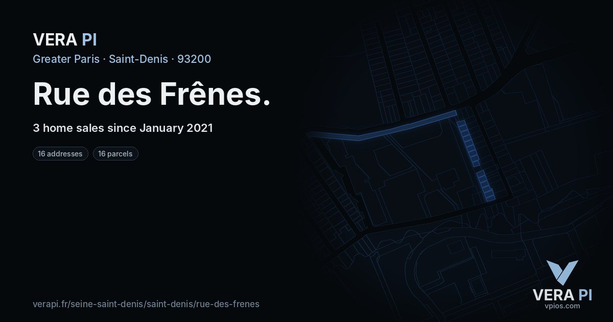 Rue des Frênes, Saint-Denis at night – every parcel coloured by the prices around it, the street's own parcels lit