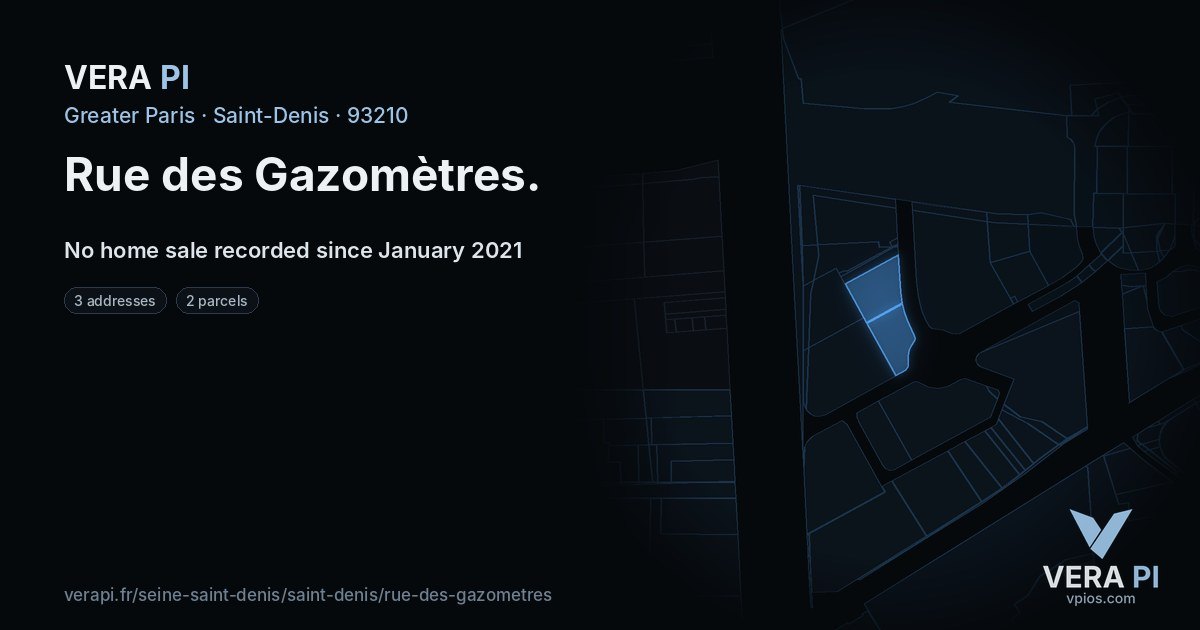 Rue des Gazomètres, Saint-Denis at night – every parcel coloured by the prices around it, the street's own parcels lit