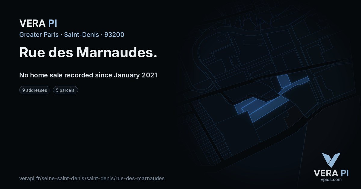 Rue des Marnaudes, Saint-Denis at night – every parcel coloured by the prices around it, the street's own parcels lit