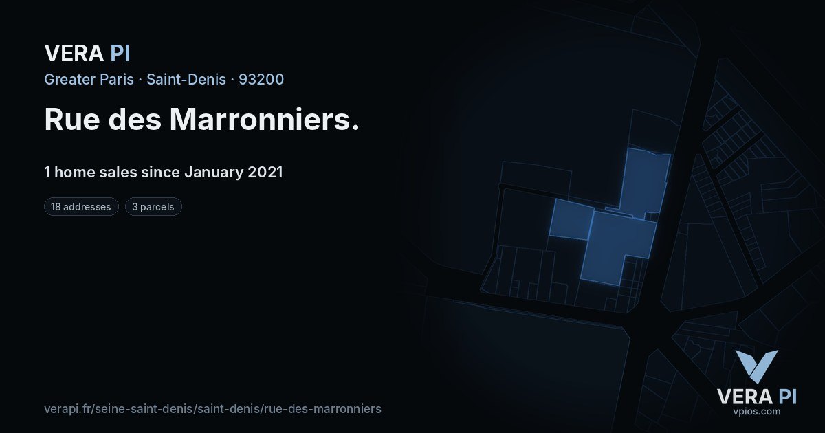Rue des Marronniers, Saint-Denis at night – every parcel coloured by the prices around it, the street's own parcels lit
