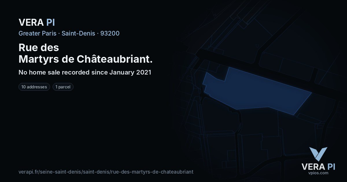 Rue des Martyrs de Châteaubriant, Saint-Denis at night – every parcel coloured by the prices around it, the street's own parcels lit