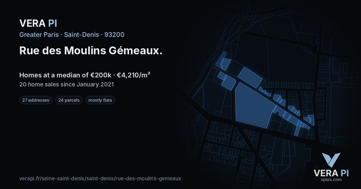 Rue des Moulins Gémeaux, Saint-Denis at night – every parcel coloured by the prices around it, the street's own parcels lit