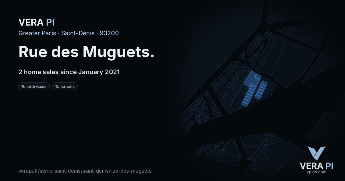 Rue des Muguets, Saint-Denis at night – every parcel coloured by the prices around it, the street's own parcels lit