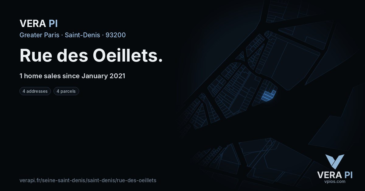 Rue des Oeillets, Saint-Denis at night – every parcel coloured by the prices around it, the street's own parcels lit