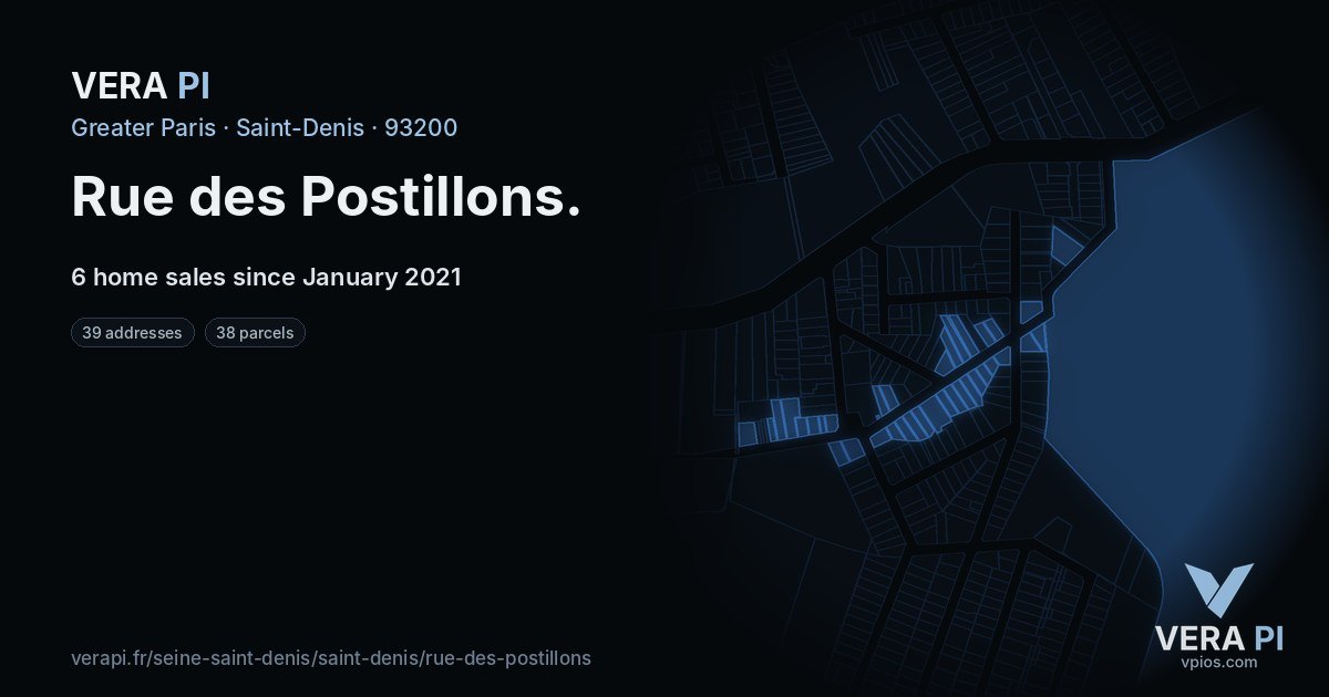 Rue des Postillons, Saint-Denis at night – every parcel coloured by the prices around it, the street's own parcels lit