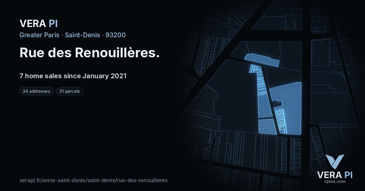 Rue des Renouillères, Saint-Denis at night – every parcel coloured by the prices around it, the street's own parcels lit