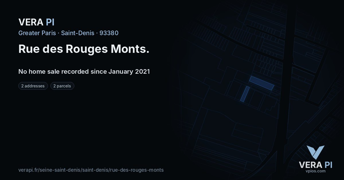Rue des Rouges Monts, Saint-Denis at night – every parcel coloured by the prices around it, the street's own parcels lit