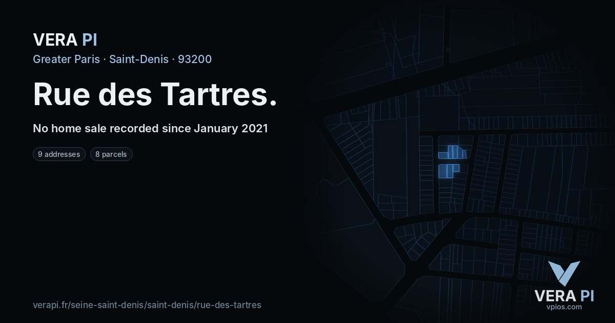 Rue des Tartres, Saint-Denis at night – every parcel coloured by the prices around it, the street's own parcels lit