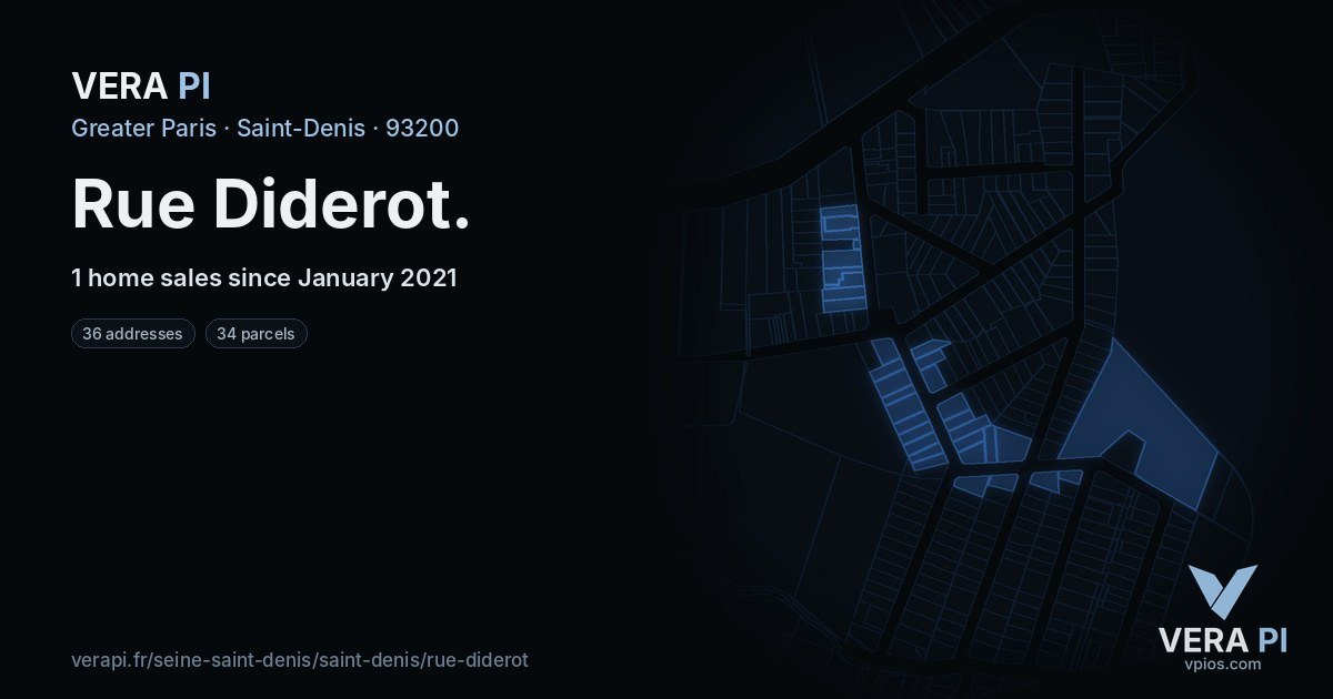 Rue Diderot, Saint-Denis at night – every parcel coloured by the prices around it, the street's own parcels lit