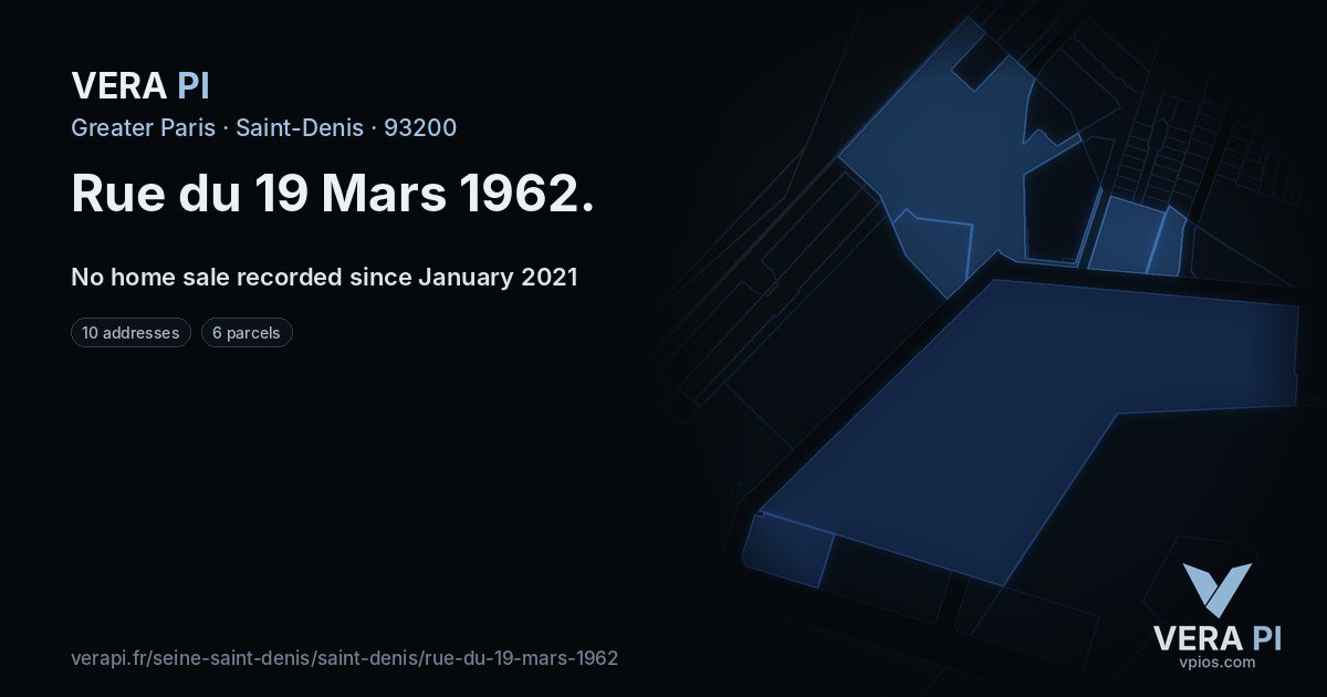 Rue du 19 Mars 1962, Saint-Denis at night – every parcel coloured by the prices around it, the street's own parcels lit