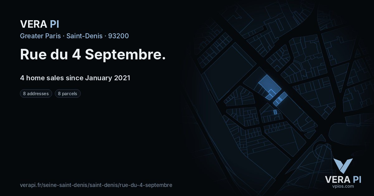 Rue du 4 Septembre, Saint-Denis at night – every parcel coloured by the prices around it, the street's own parcels lit