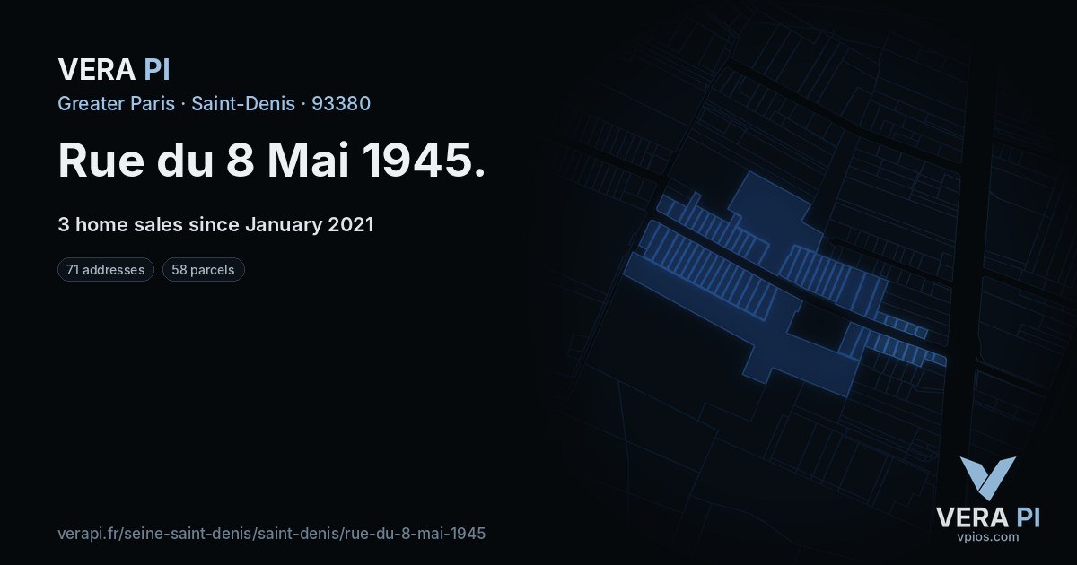 Rue du 8 Mai 1945, Saint-Denis at night – every parcel coloured by the prices around it, the street's own parcels lit