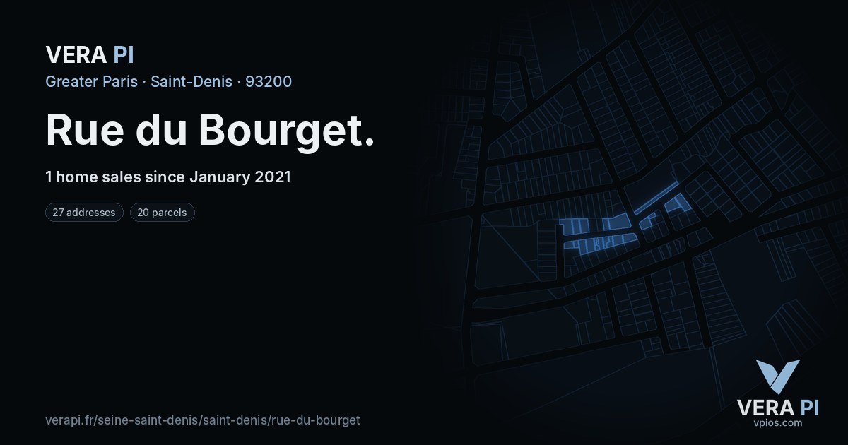 Rue du Bourget, Saint-Denis at night – every parcel coloured by the prices around it, the street's own parcels lit