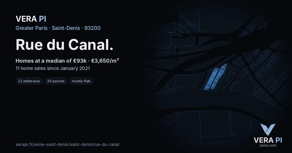 Rue du Canal, Saint-Denis at night – every parcel coloured by the prices around it, the street's own parcels lit