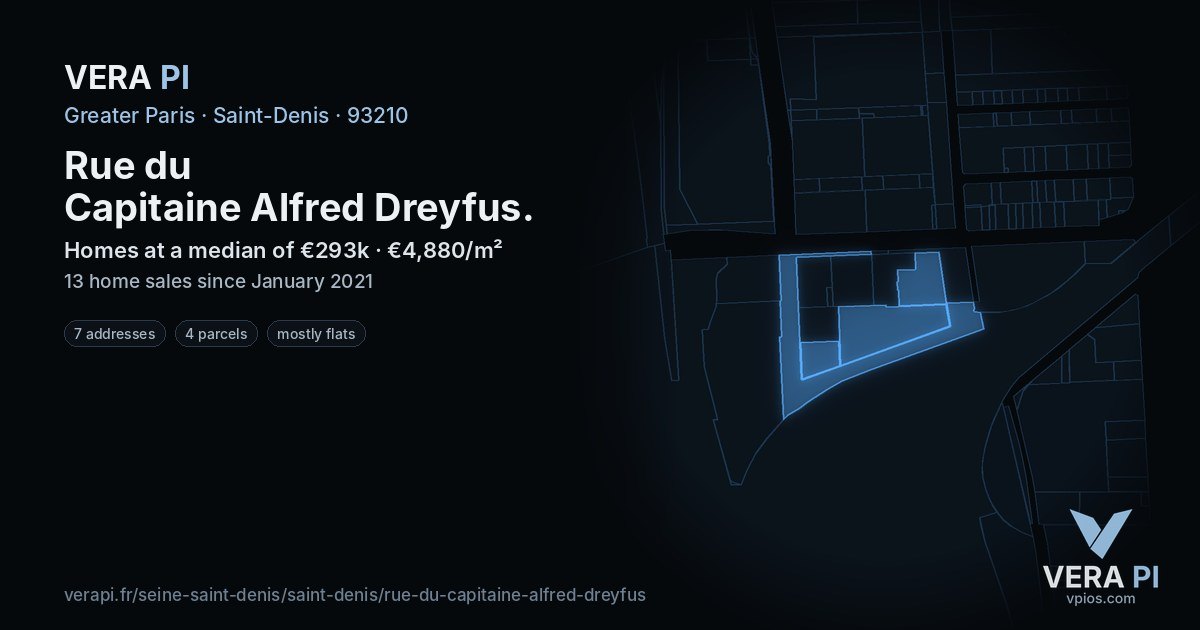 Rue du Capitaine Alfred Dreyfus, Saint-Denis at night – every parcel coloured by the prices around it, the street's own parcels lit