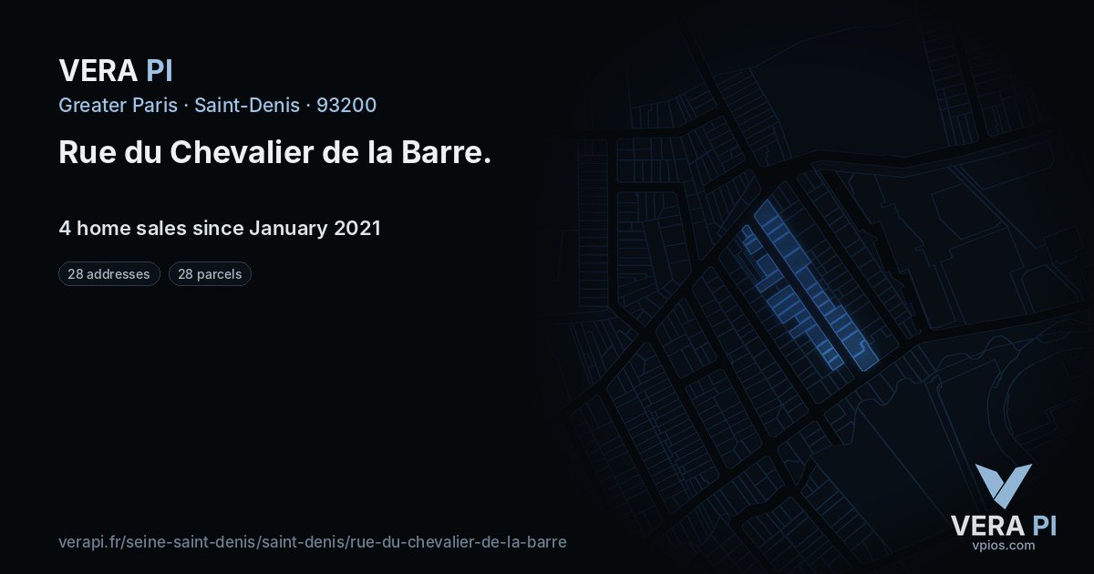 Rue du Chevalier de la Barre, Saint-Denis at night – every parcel coloured by the prices around it, the street's own parcels lit