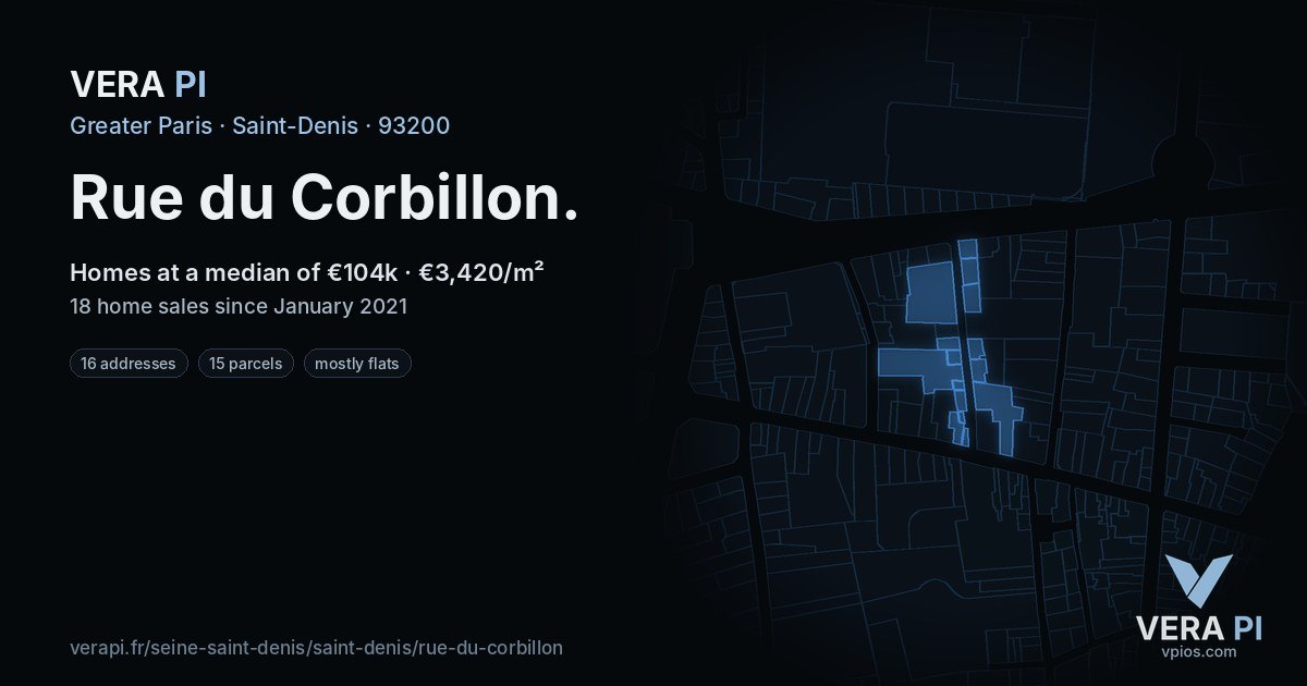 Rue du Corbillon, Saint-Denis at night – every parcel coloured by the prices around it, the street's own parcels lit