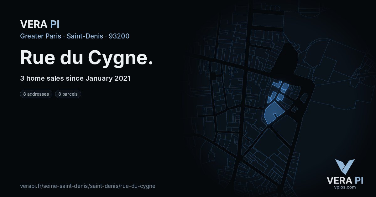 Rue du Cygne, Saint-Denis at night – every parcel coloured by the prices around it, the street's own parcels lit