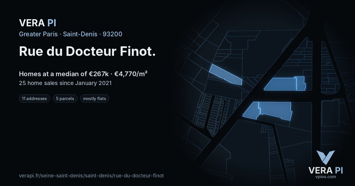 Rue du Docteur Finot, Saint-Denis at night – every parcel coloured by the prices around it, the street's own parcels lit