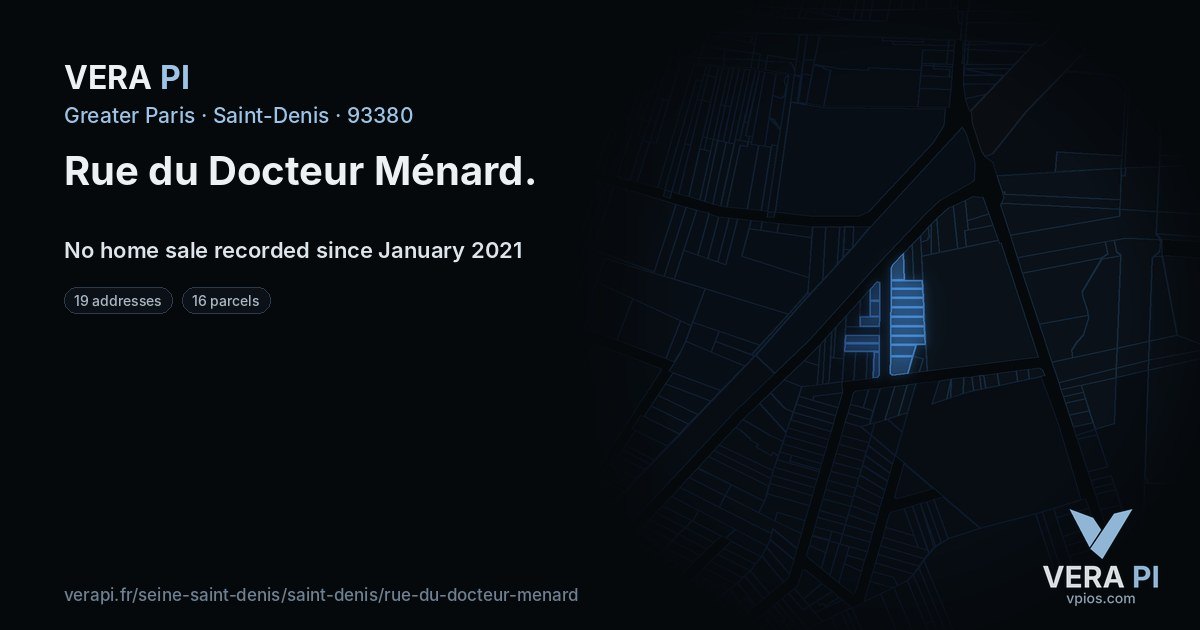 Rue du Docteur Ménard, Saint-Denis at night – every parcel coloured by the prices around it, the street's own parcels lit