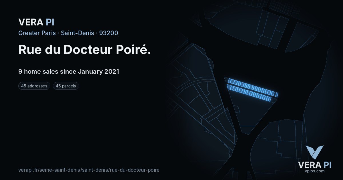 Rue du Docteur Poiré, Saint-Denis at night – every parcel coloured by the prices around it, the street's own parcels lit