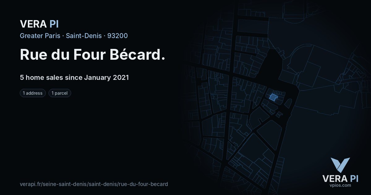 Rue du Four Bécard, Saint-Denis at night – every parcel coloured by the prices around it, the street's own parcels lit
