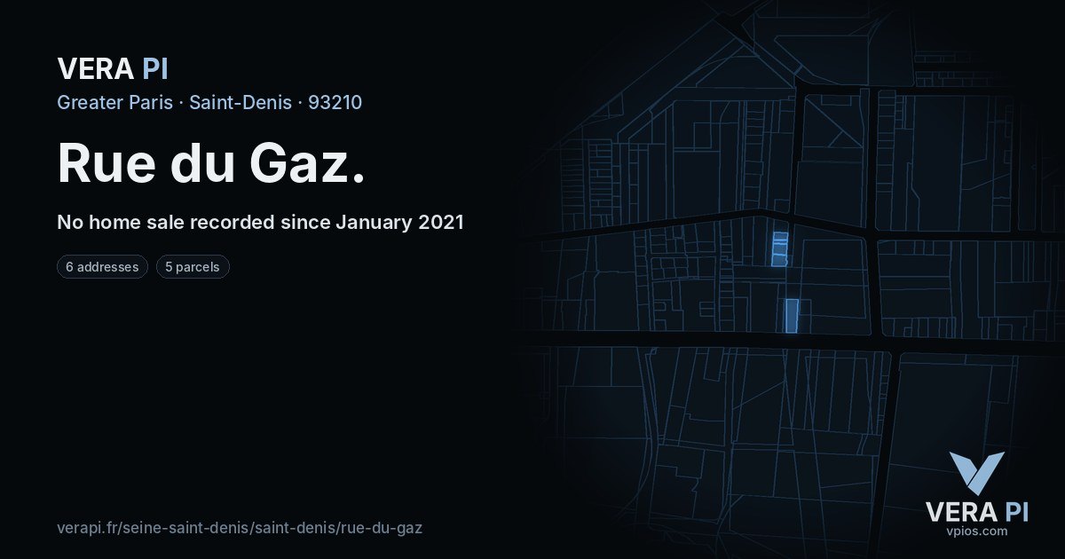 Rue du Gaz, Saint-Denis at night – every parcel coloured by the prices around it, the street's own parcels lit