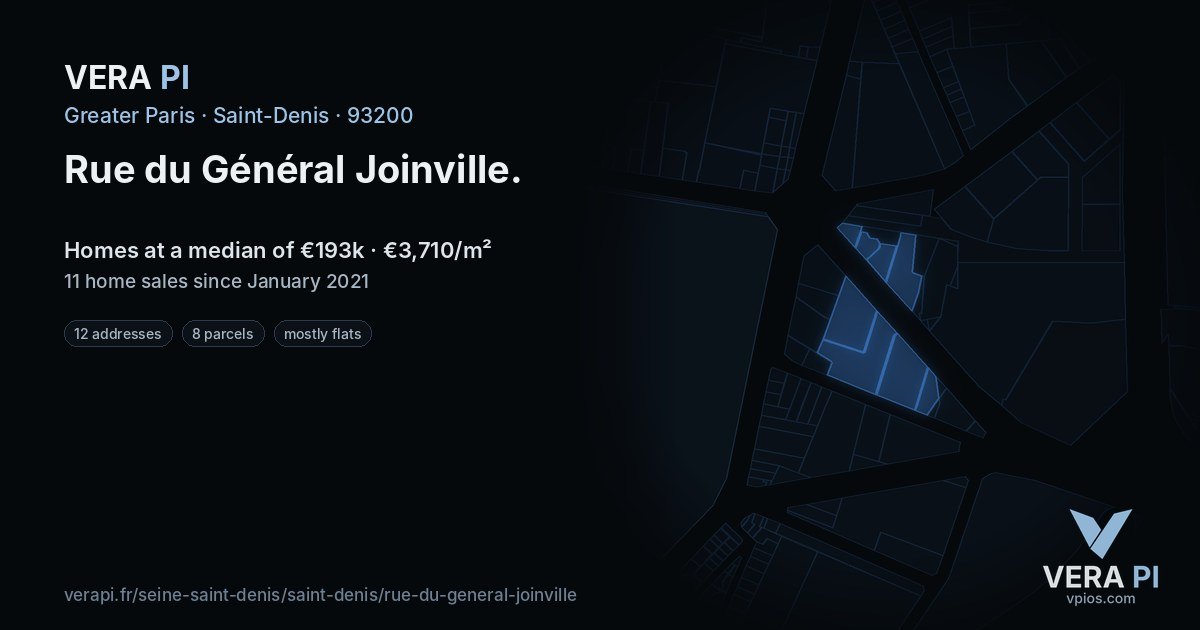 Rue du Général Joinville, Saint-Denis at night – every parcel coloured by the prices around it, the street's own parcels lit