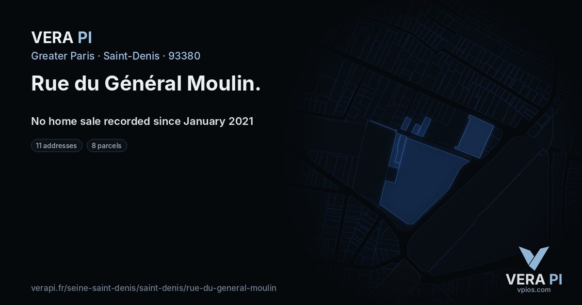 Rue du Général Moulin, Saint-Denis at night – every parcel coloured by the prices around it, the street's own parcels lit