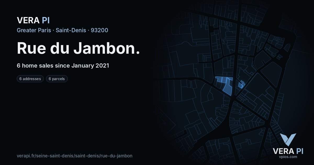 Rue du Jambon, Saint-Denis at night – every parcel coloured by the prices around it, the street's own parcels lit