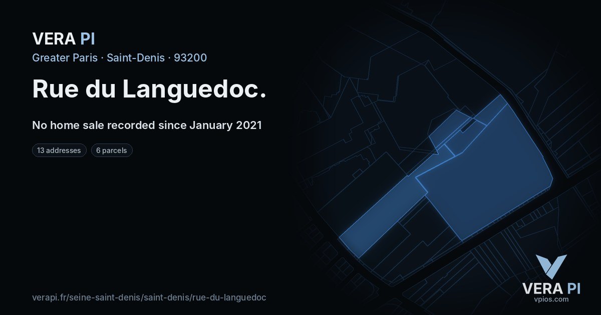 Rue du Languedoc, Saint-Denis at night – every parcel coloured by the prices around it, the street's own parcels lit