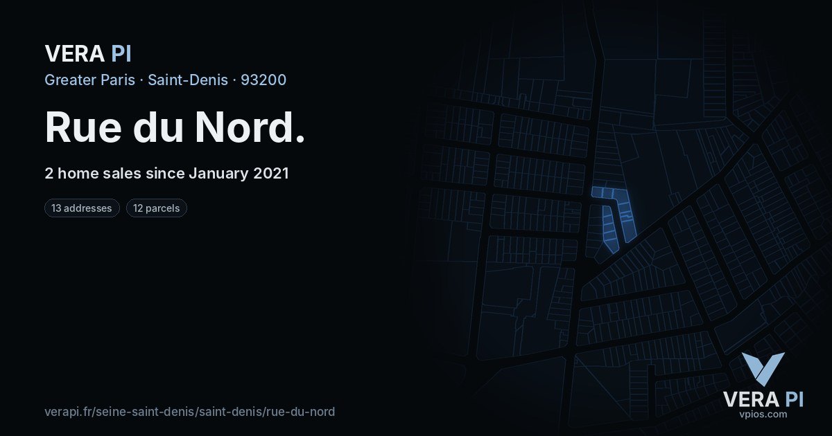Rue du Nord, Saint-Denis at night – every parcel coloured by the prices around it, the street's own parcels lit