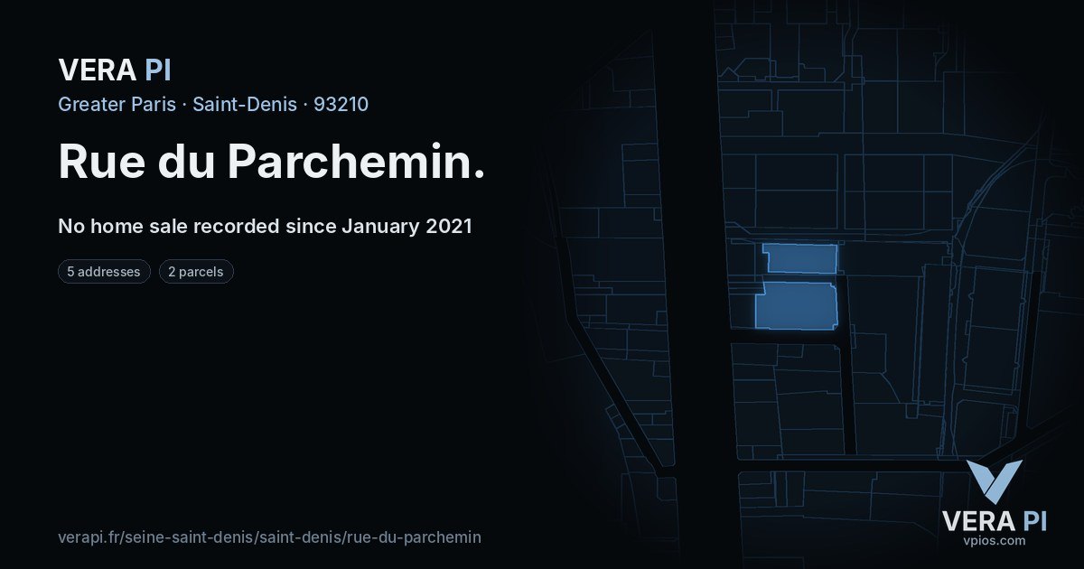 Rue du Parchemin, Saint-Denis at night – every parcel coloured by the prices around it, the street's own parcels lit