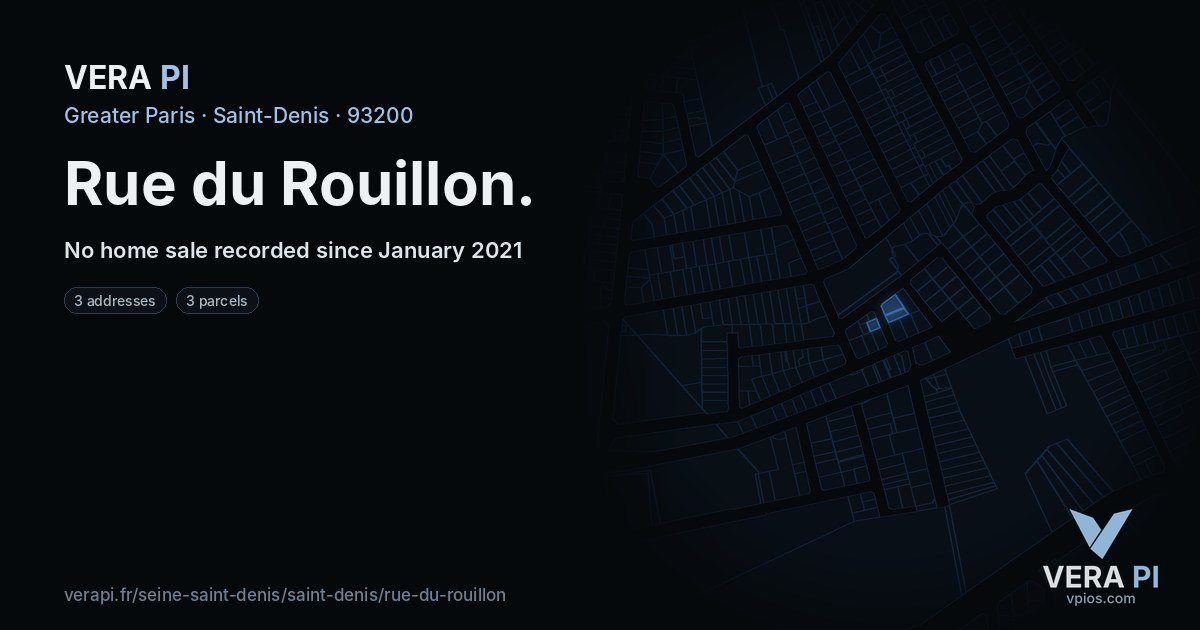 Rue du Rouillon, Saint-Denis at night – every parcel coloured by the prices around it, the street's own parcels lit