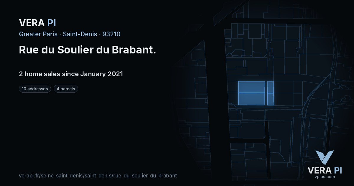 Rue du Soulier du Brabant, Saint-Denis at night – every parcel coloured by the prices around it, the street's own parcels lit