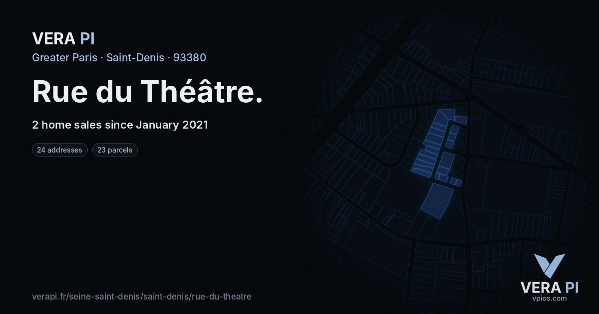 Rue du Théâtre, Saint-Denis at night – every parcel coloured by the prices around it, the street's own parcels lit