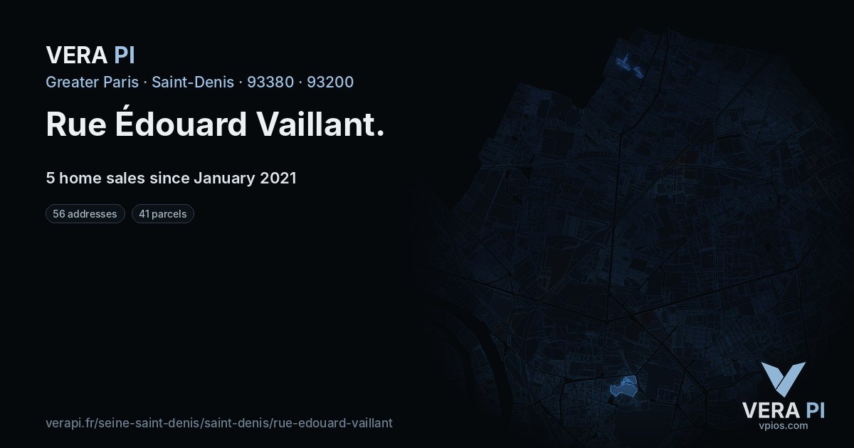 Rue Édouard Vaillant, Saint-Denis at night – every parcel coloured by the prices around it, the street's own parcels lit