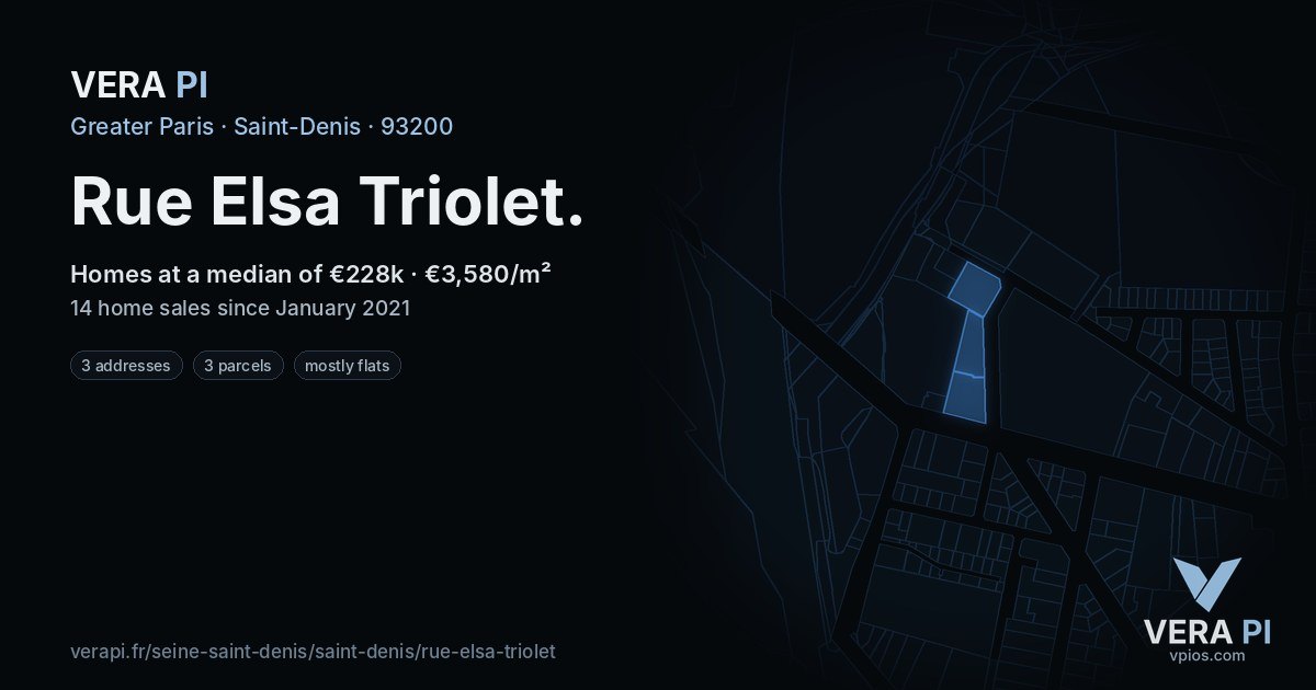 Rue Elsa Triolet, Saint-Denis at night – every parcel coloured by the prices around it, the street's own parcels lit