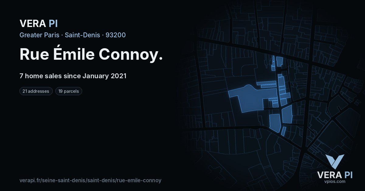 Rue Émile Connoy, Saint-Denis at night – every parcel coloured by the prices around it, the street's own parcels lit