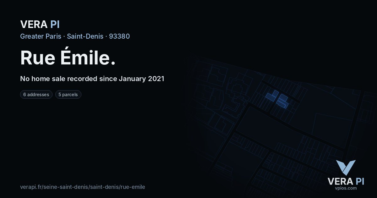 Rue Émile, Saint-Denis at night – every parcel coloured by the prices around it, the street's own parcels lit